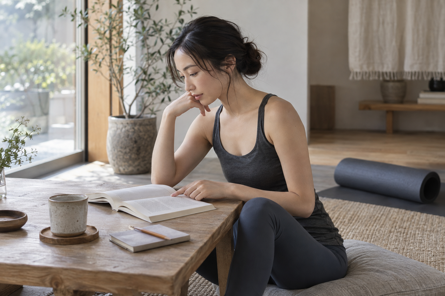 本を読みながら気になる箇所をノートにまとめる成人モデル