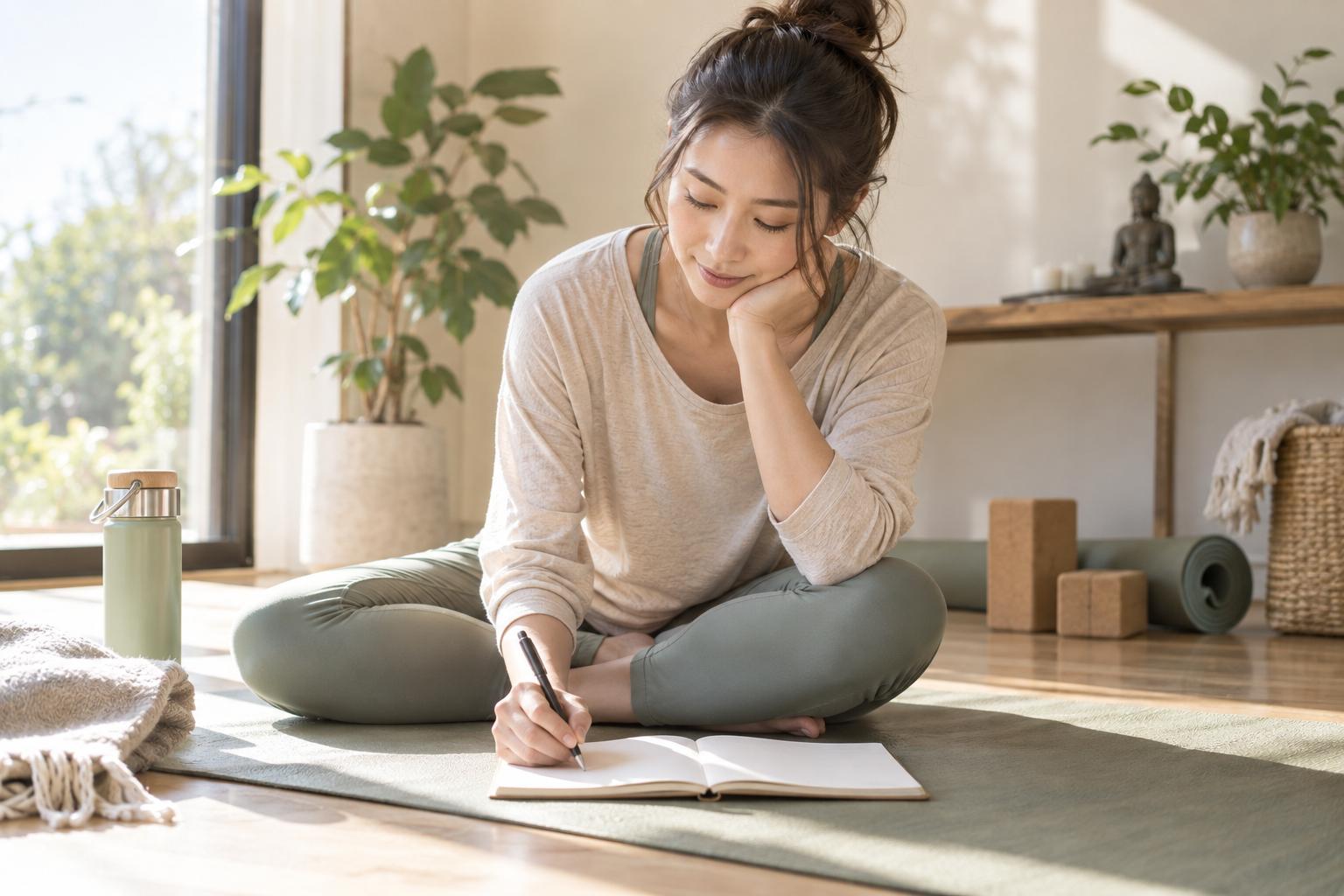 ヨガ哲学の学習ノートを読みながら考える女性