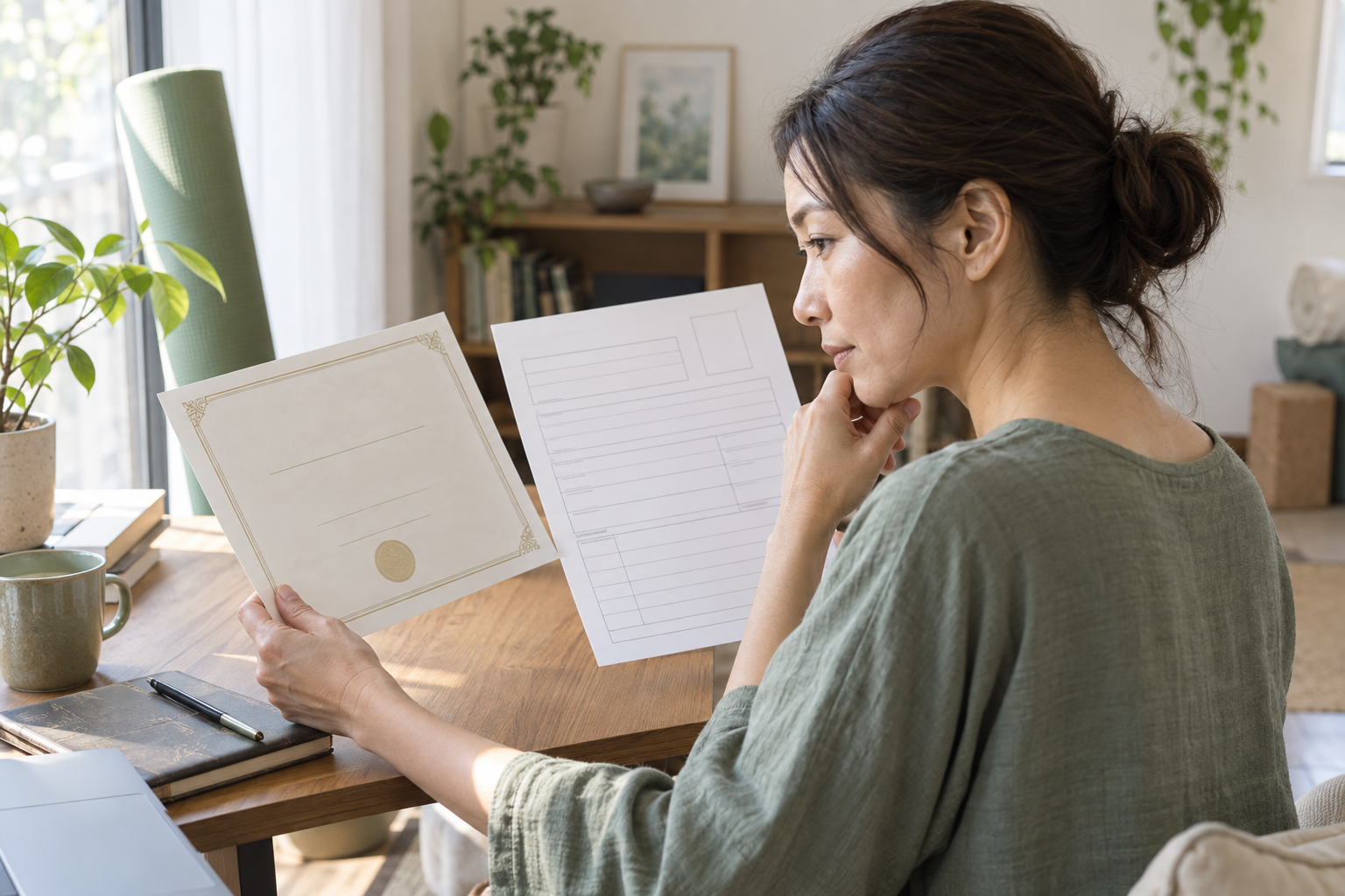 ヨガの修了証と履歴書の資格欄を確認する女性
