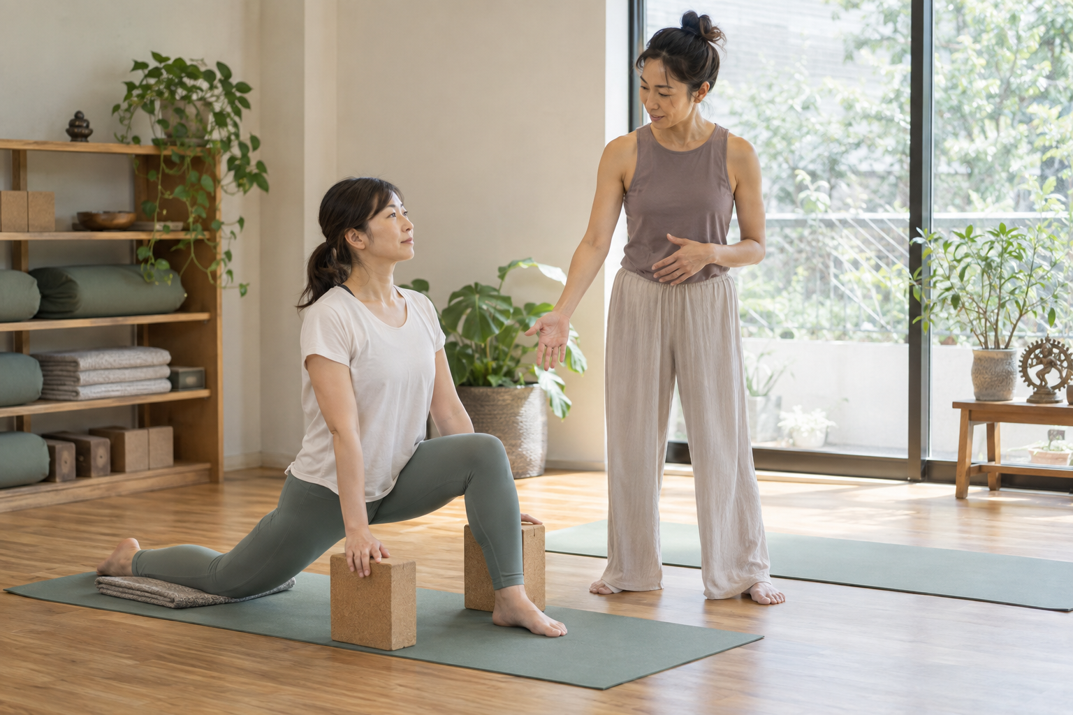 ヨガ講師が参加者の姿勢を確認しながら、無理のない動きを案内する
