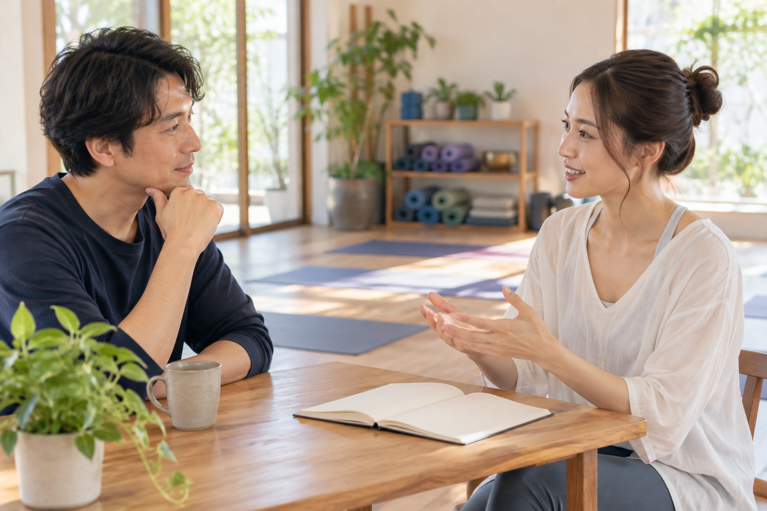 スタジオで講座の受講条件を相談する架空の成人モデル