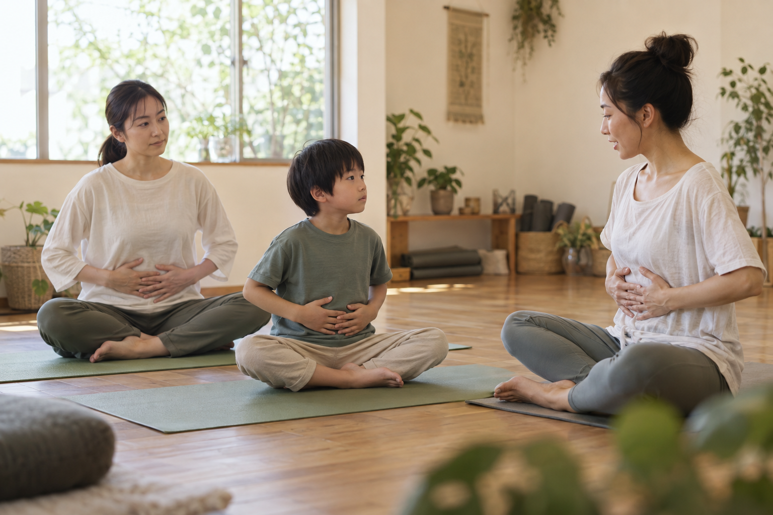 親子とヨガ指導者が子ども目線で座り呼吸を確かめる場面