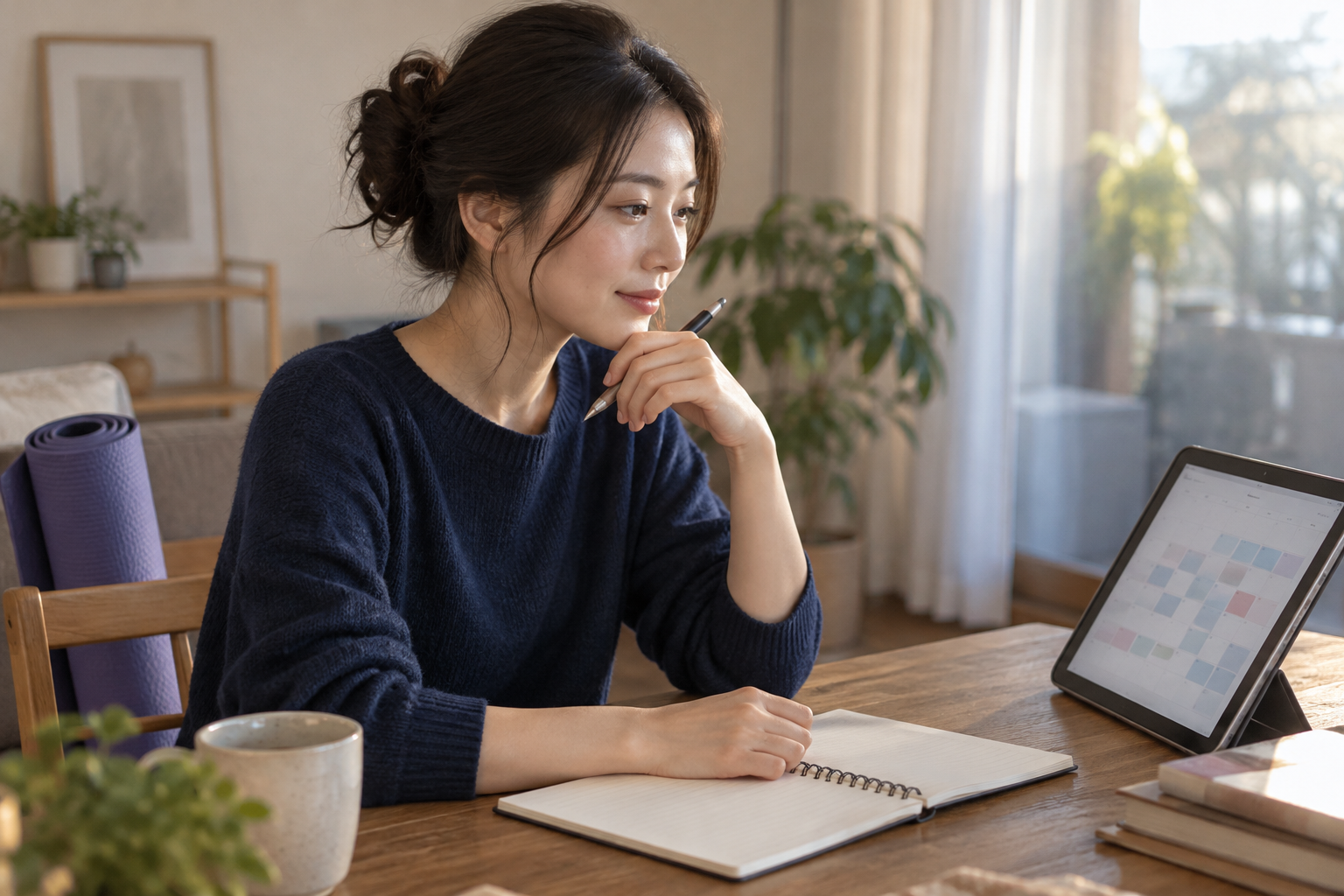 自宅で週間予定とヨガ講座の案内を照らし合わせる成人モデル