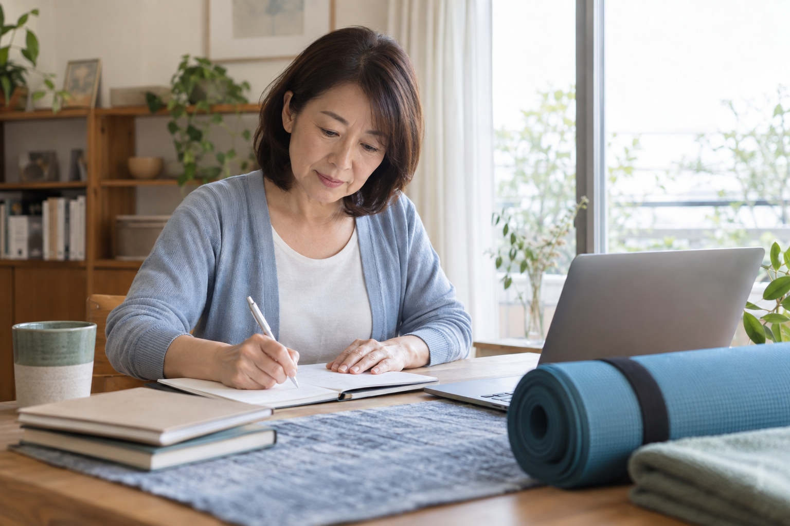自宅でヨガ資格の学習計画を整理する50代の女性