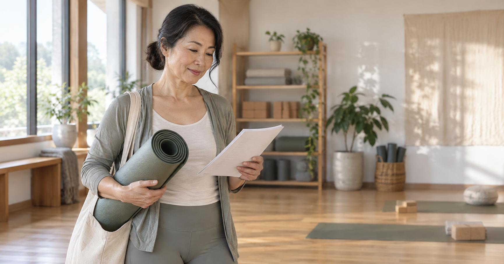 50代の学習者がヨガの立位を練習し講師の助言を受ける様子