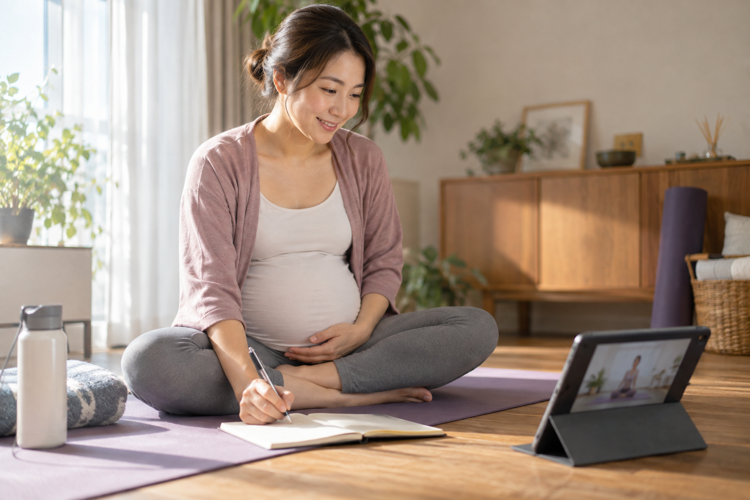 自宅でタブレットの講義を見ながら学習する妊娠中のモデル