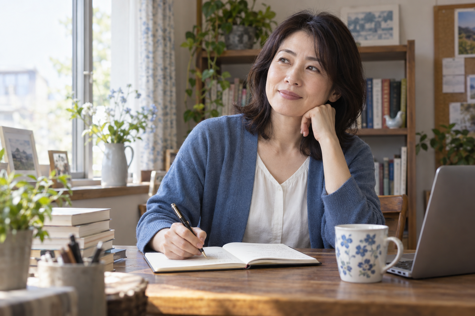 自宅で講師の紹介文に入れる経験をノートに書き出す女性