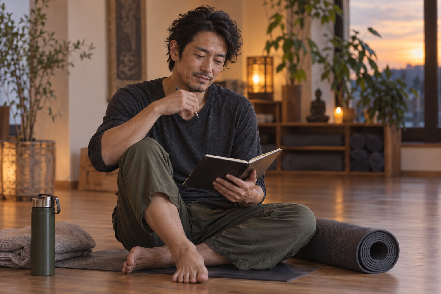 ヨガの練習後にノートを見返して説明の工夫を整理する男性