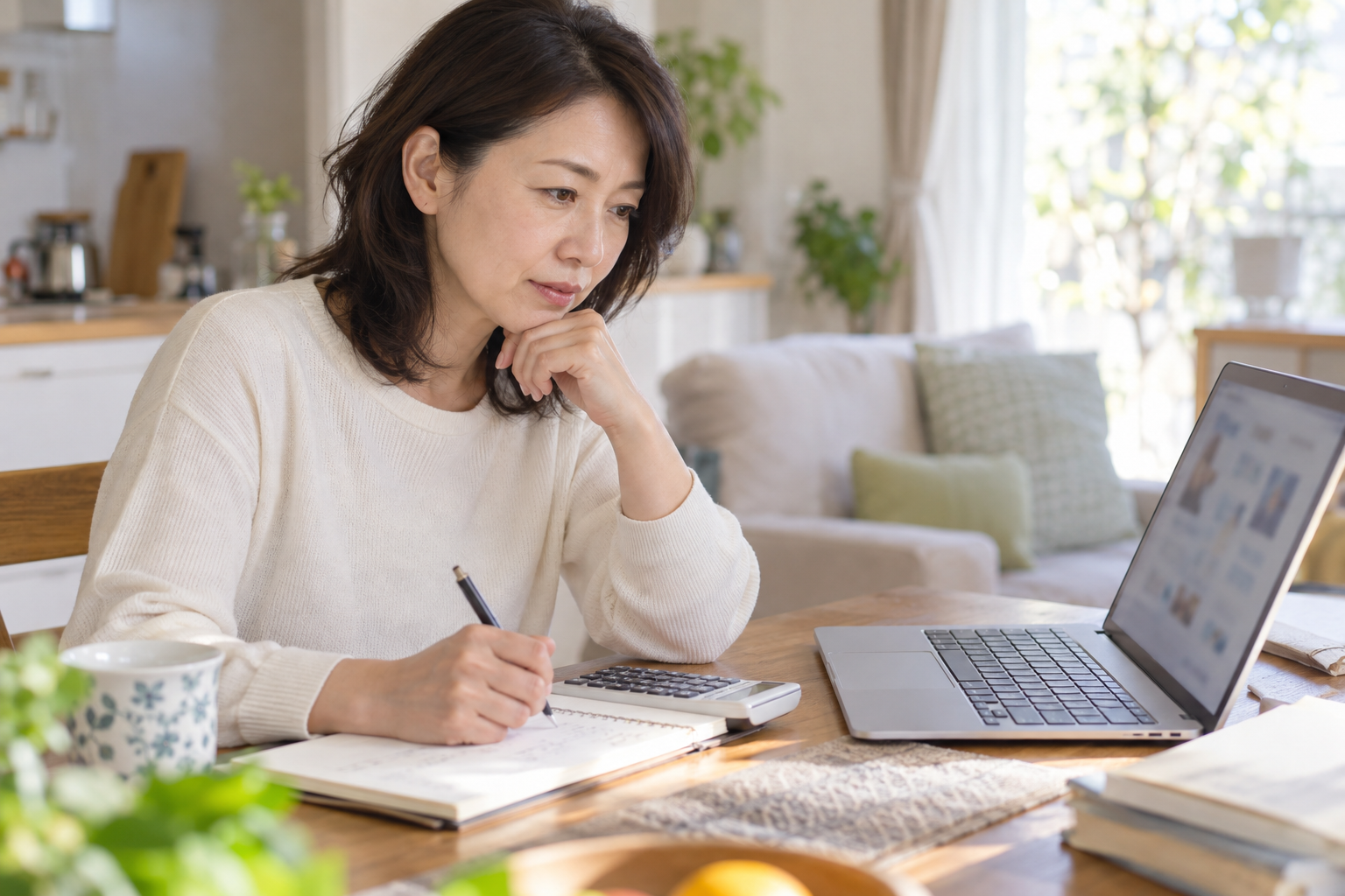 講座の案内とメモを見て費用の確認事項を整理する成人モデル