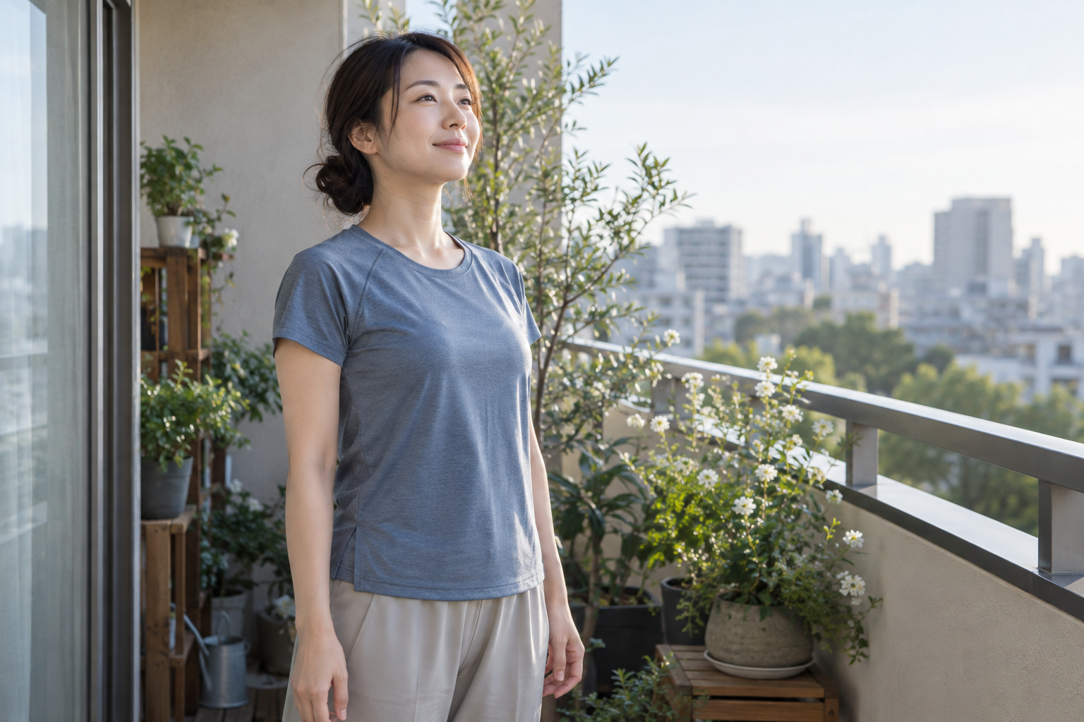 ベランダで一呼吸置き落ち着いて過ごす成人モデル