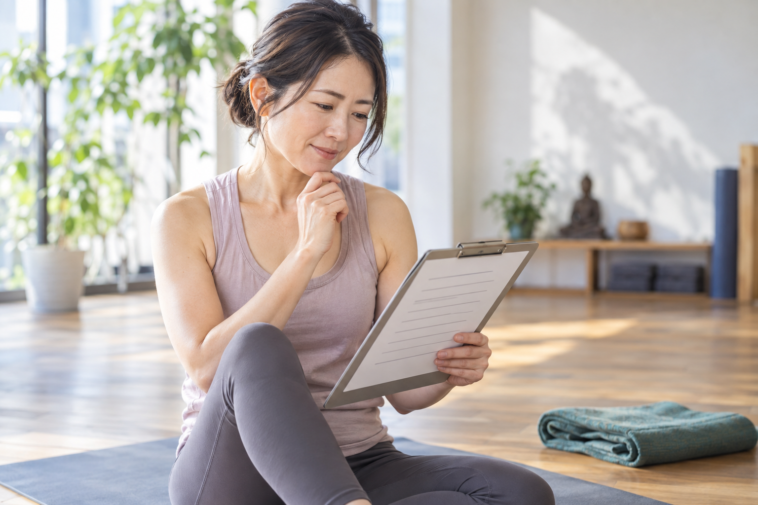 求人票の勤務時間と報酬条件を読み比べるヨガインストラクター