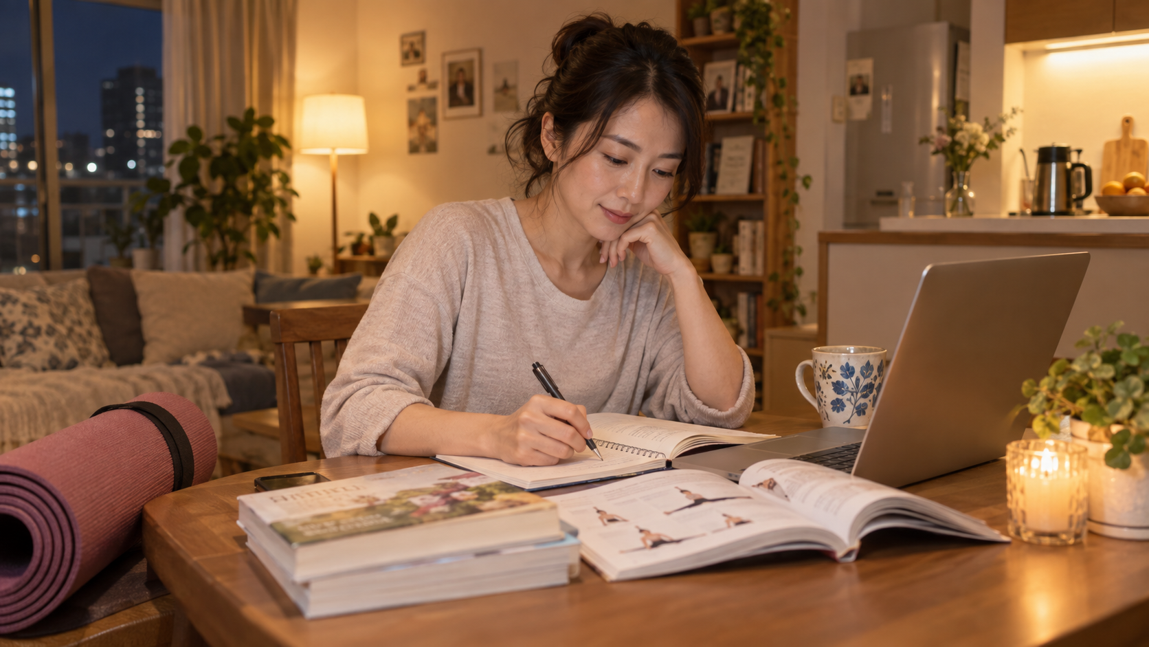 夜の自宅でノートを開き、ヨガ資格の勉強をする女性