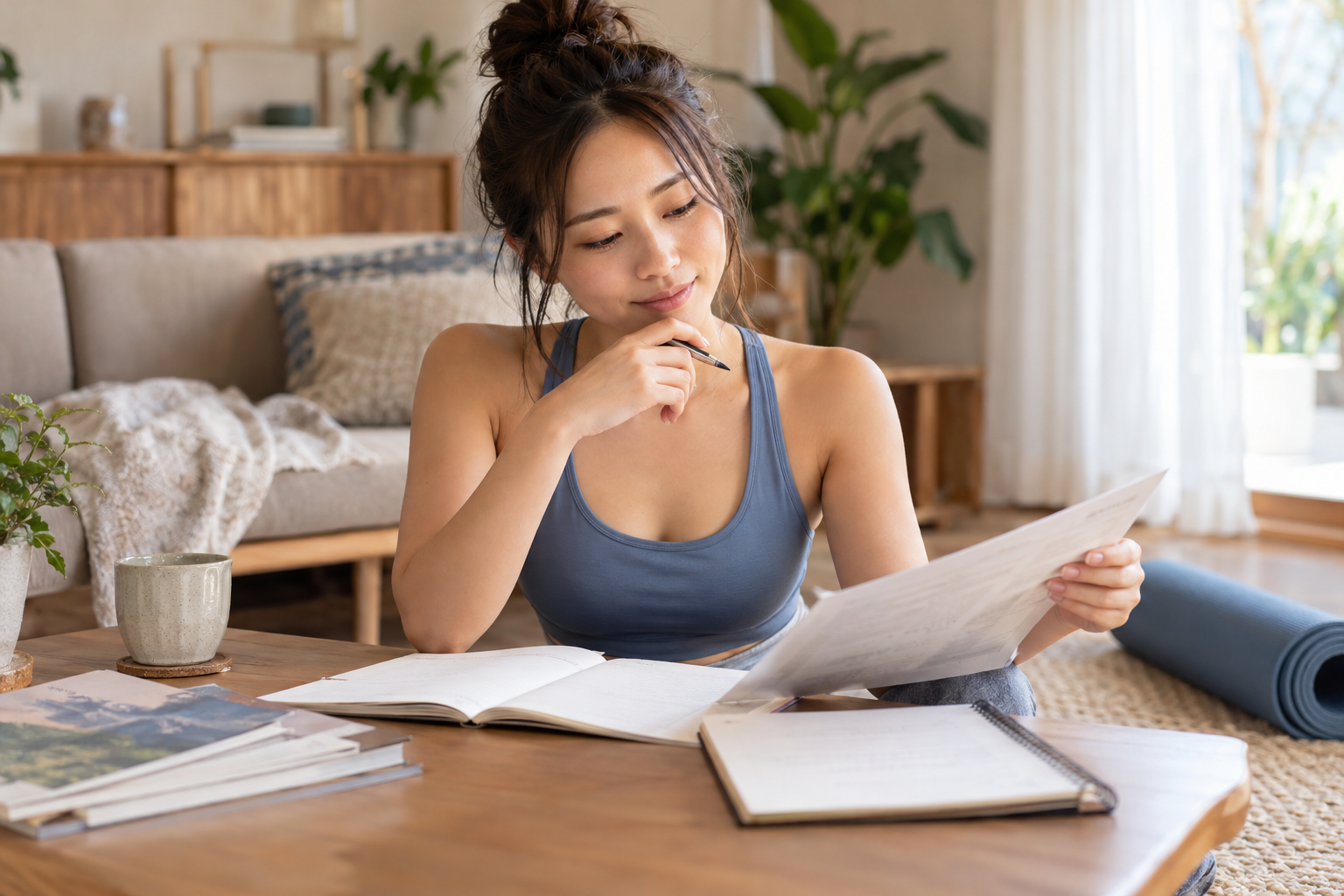ヨガの学び直しでノートに疑問をまとめる成人モデル