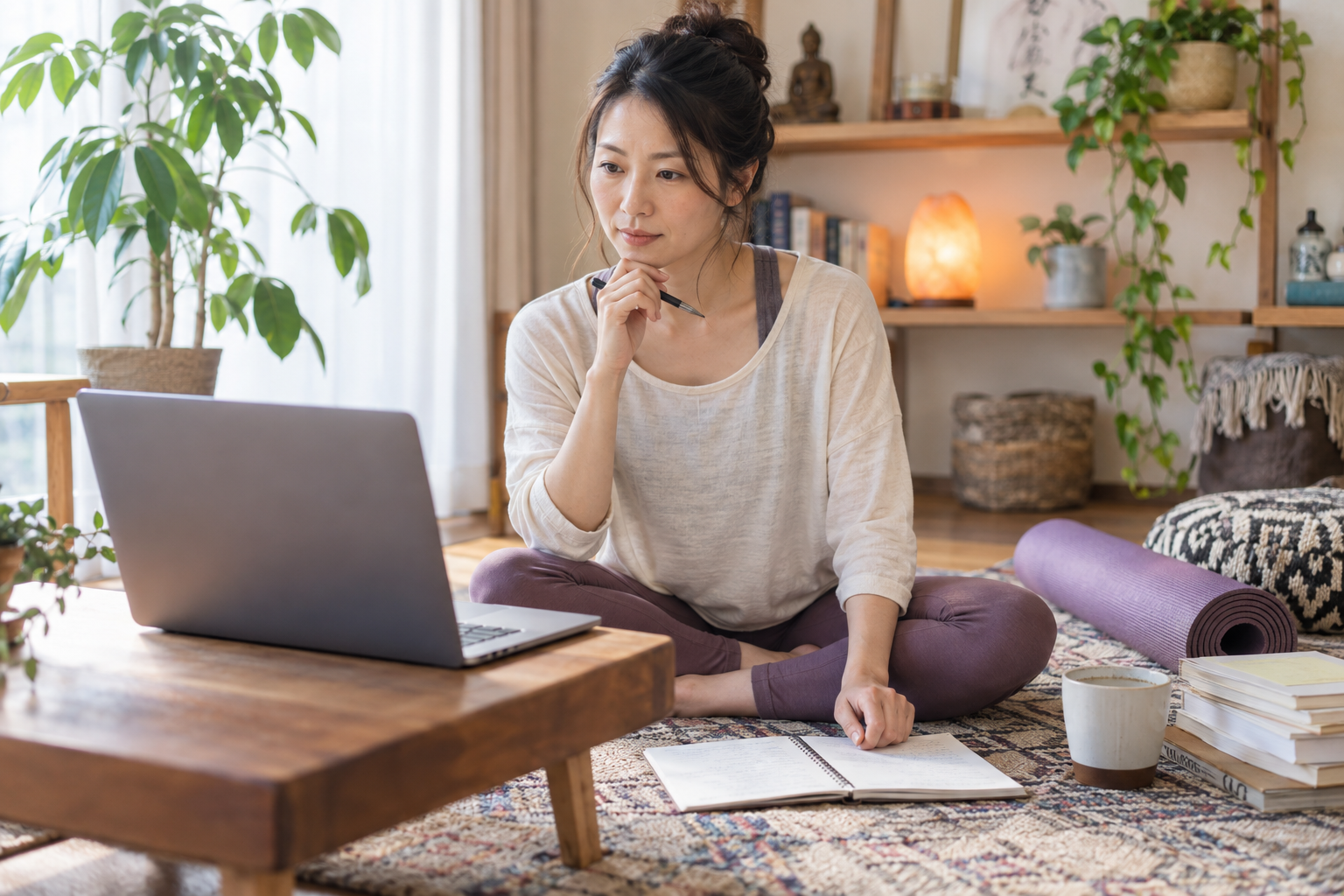 ヨガ哲学の講義を聞きながらノートを取る女性