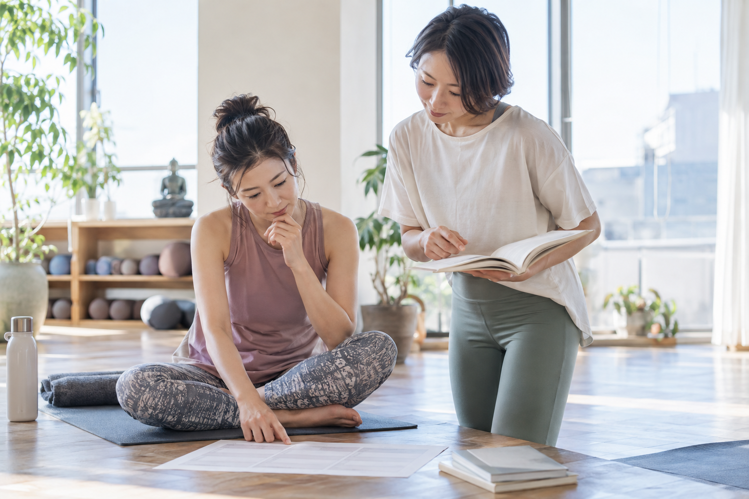 ヨガ哲学の資格講座を比較しながら相談する二人