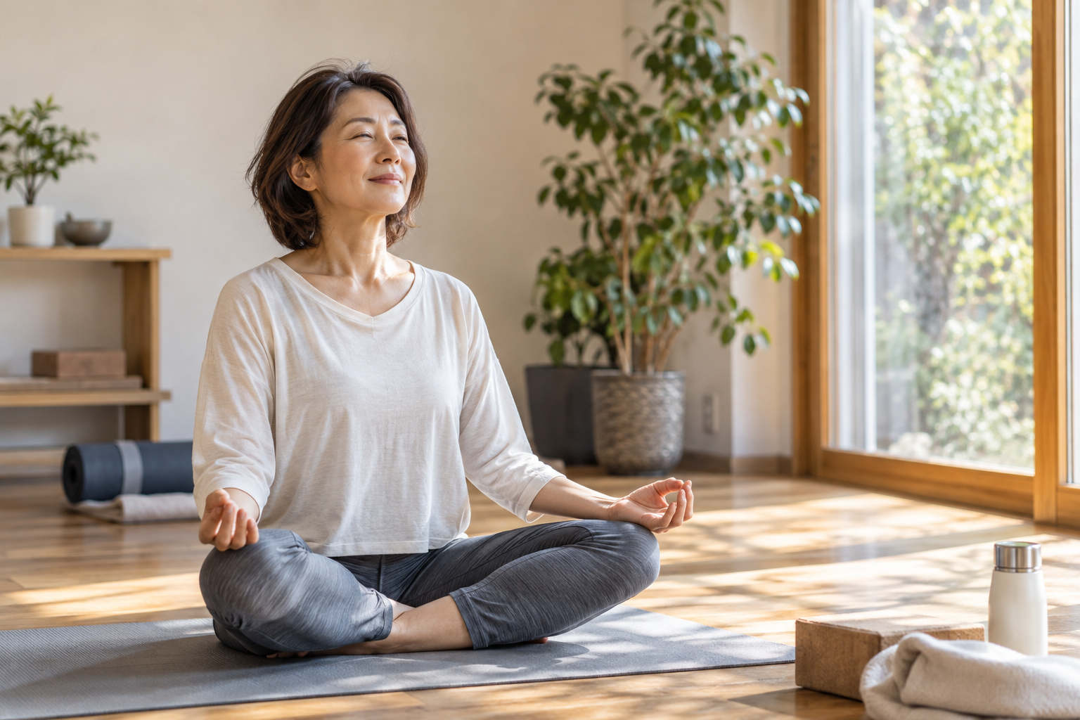 窓辺で静かに瞑想しヨガ哲学の学びを振り返る女性