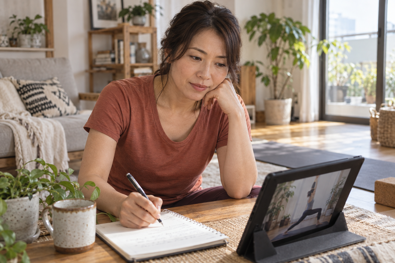 録画の講義を一時停止して疑問をメモする成人の学習場面