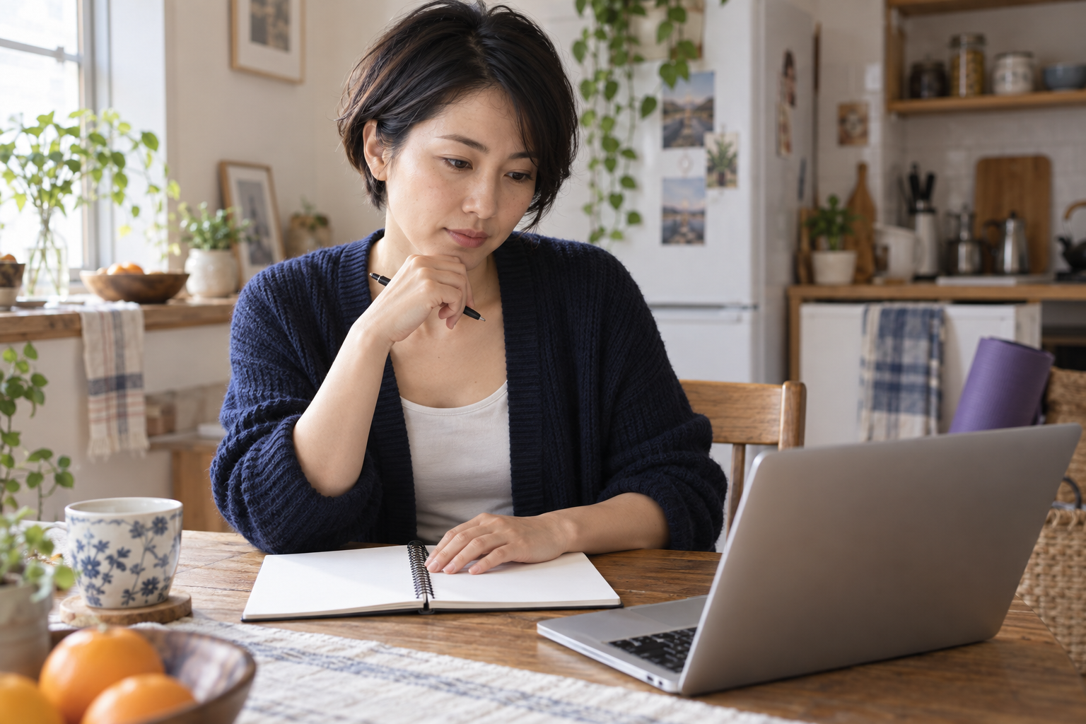 募集条件と自分の希望をノートで整理する女性