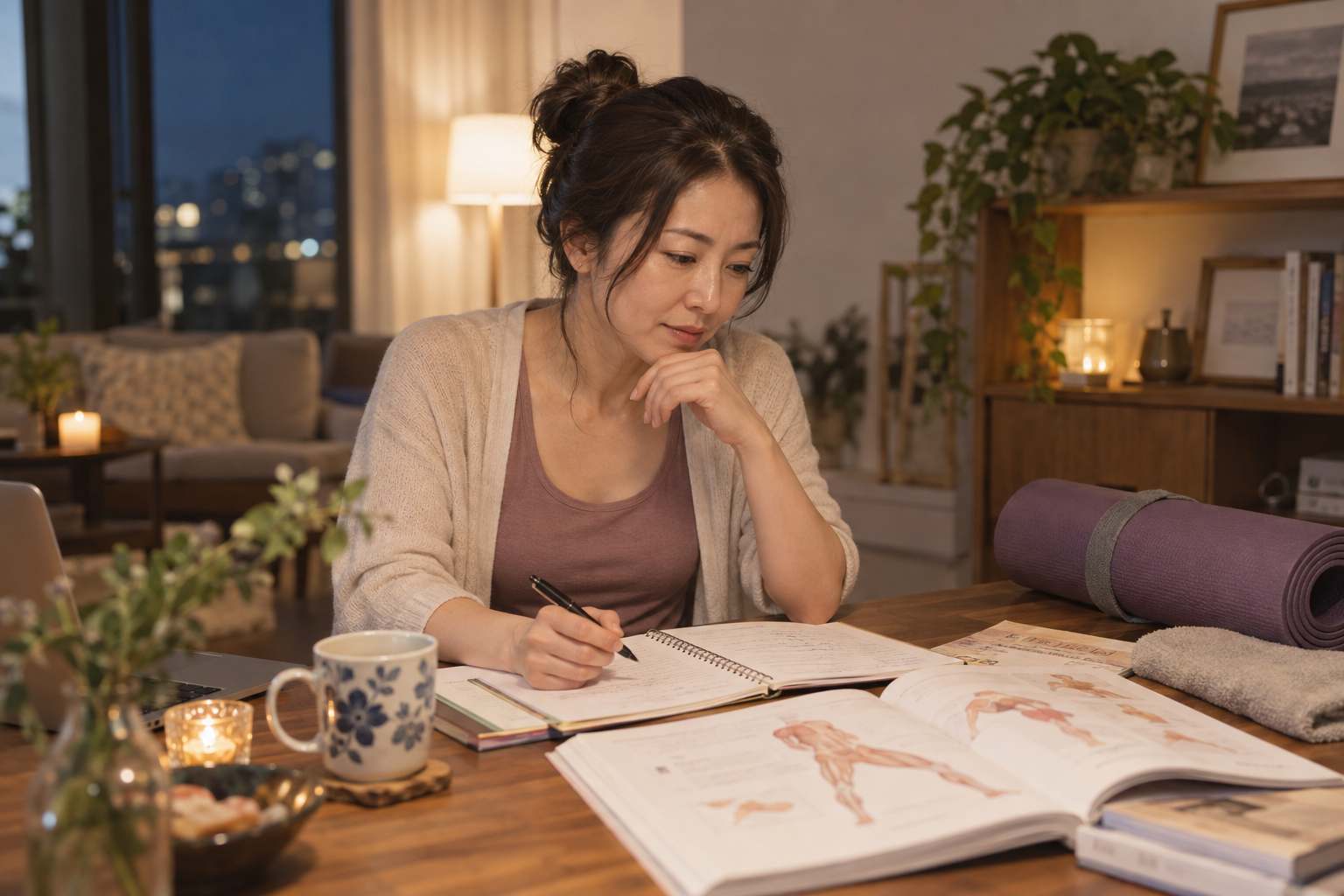 40歳前後の女性が仕事の後にヨガインストラクター資格の学習をする様子