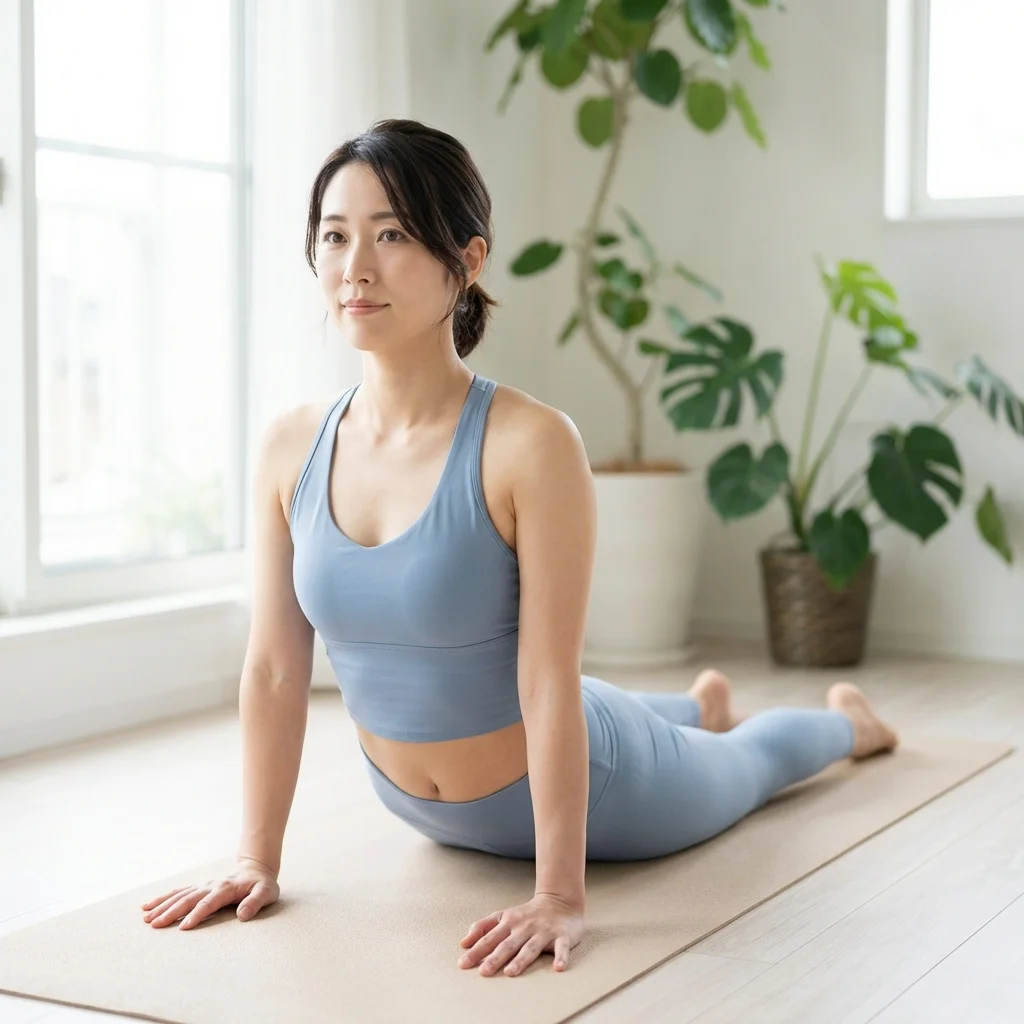 自宅のリビングでヨガの学習に取り組む様子