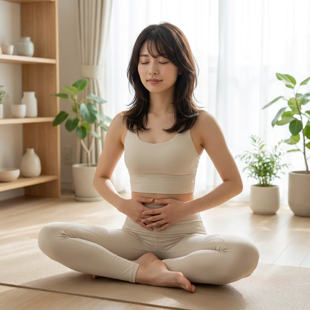 ヨガマットの上で呼吸を整える女性