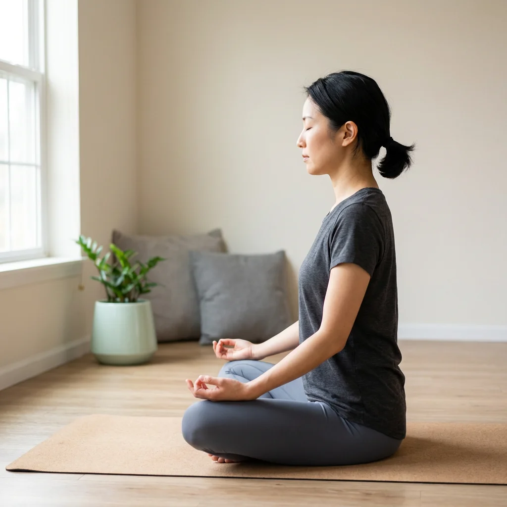 自宅でオンライン講義を見ながらヨガのアーサナを練習する女性