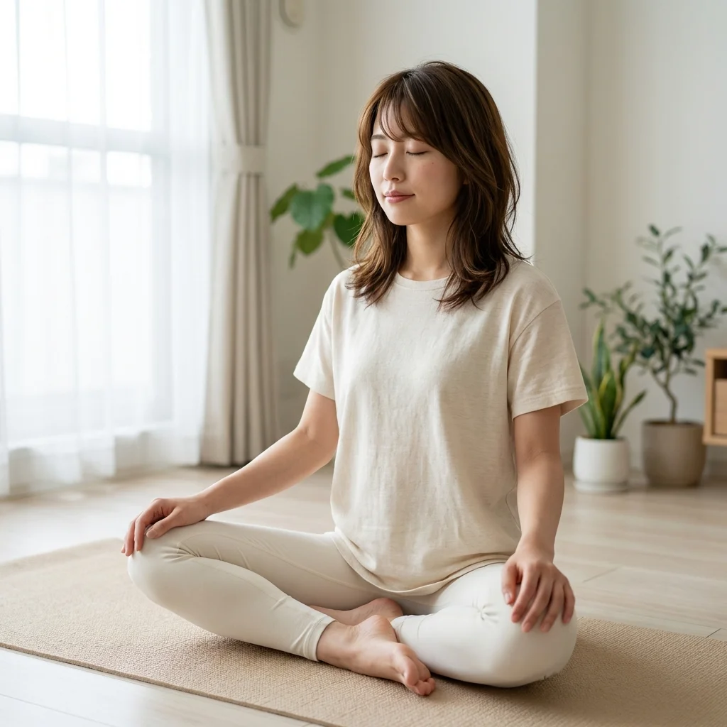 自宅でオンライン講義を見ながらヨガのアーサナを実践する女性