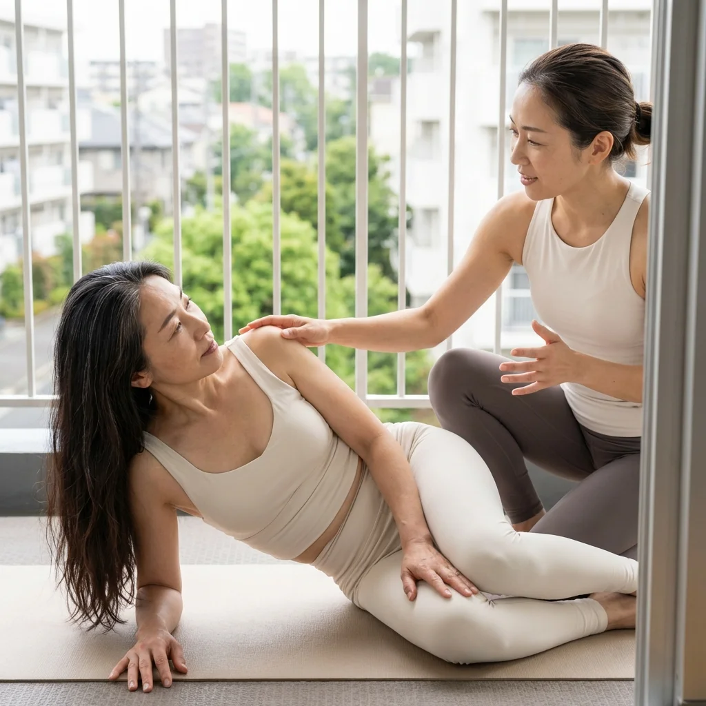 マンツーマンでヨガの実技指導を受ける様子