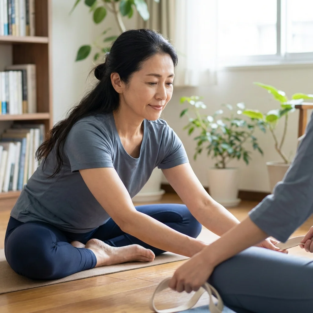 自然光が差し込むヨガスタジオで講師がマンツーマンでアーサナのアライメントを指導している様子