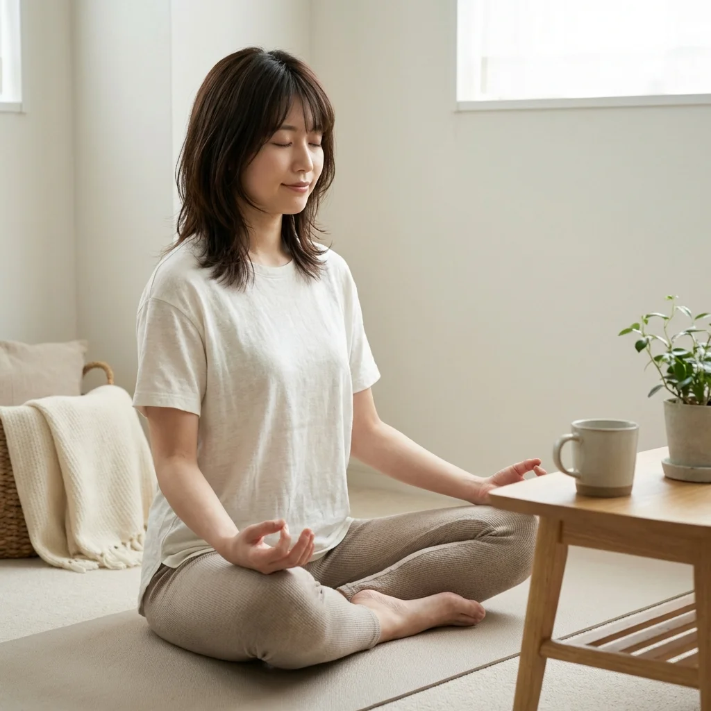 資格取得に向けてヨガのポーズを自宅で練習する女性