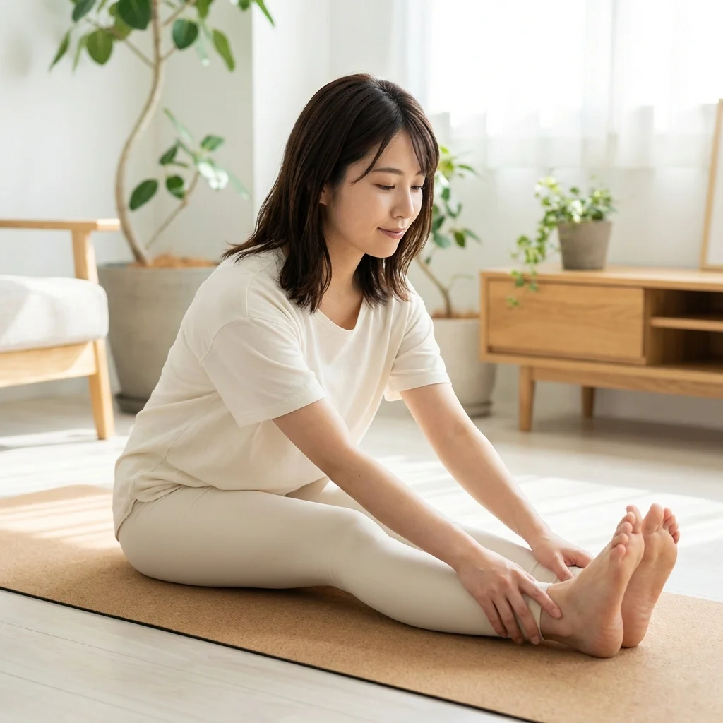 スタジオで前屈のポーズを実践する女性