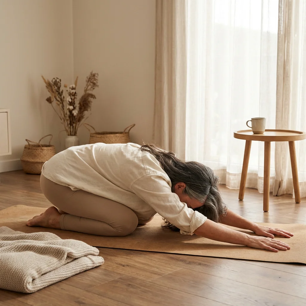 自宅のリビングでオンライン講義を受けながらヨガの復習をする様子