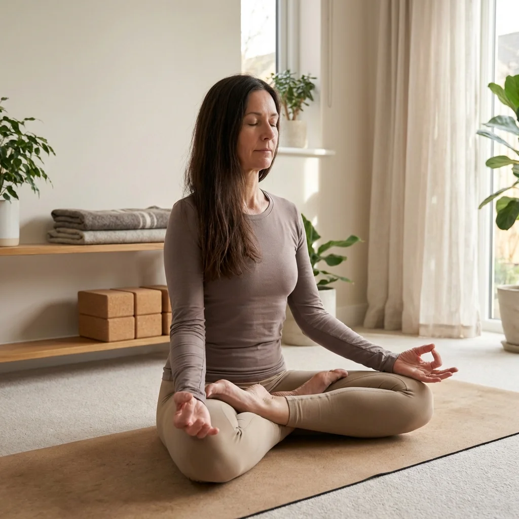 ヨガマットやブロックなどの練習用品が整然と並んでいる風景