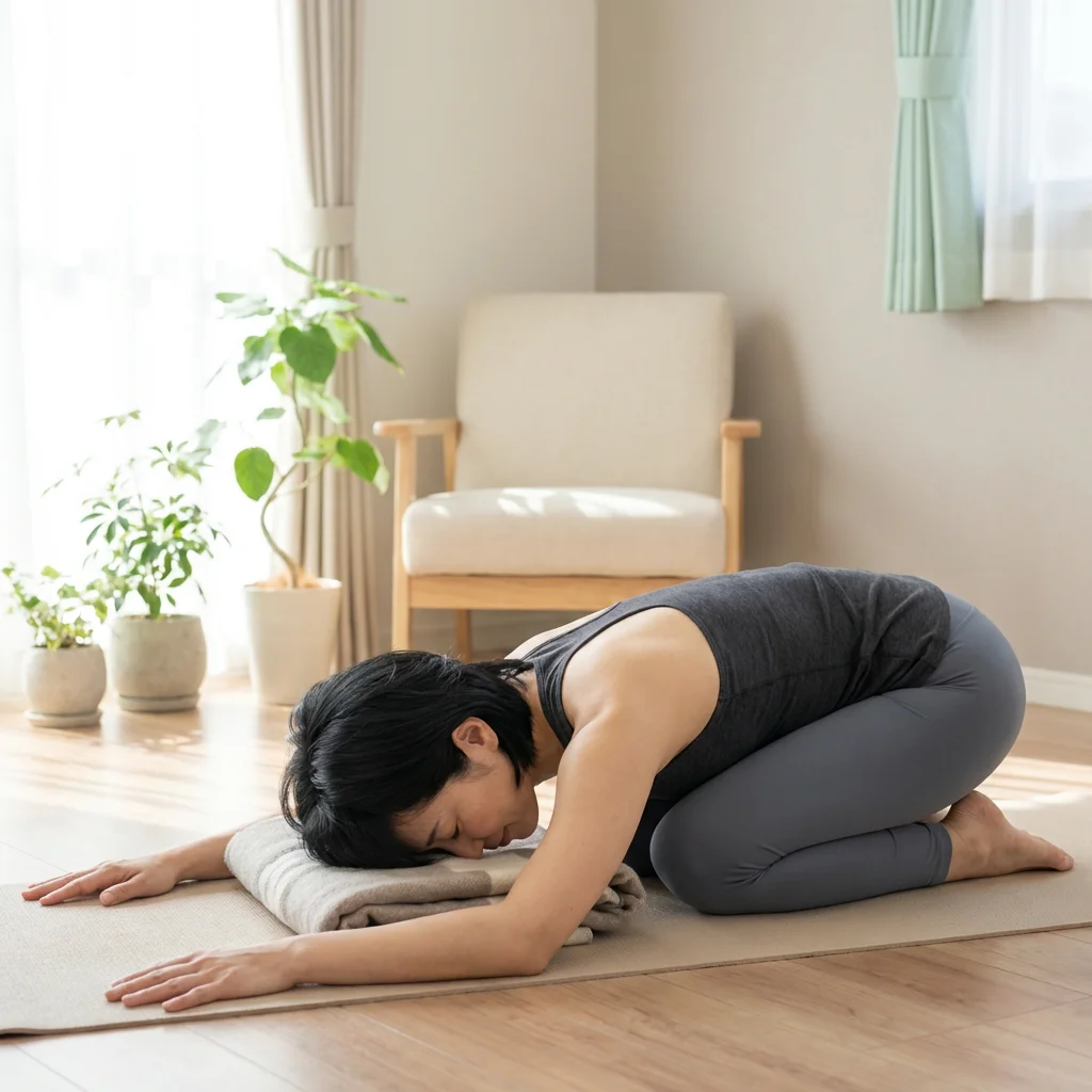 自然光の入る部屋でヨガのストレッチを行う様子