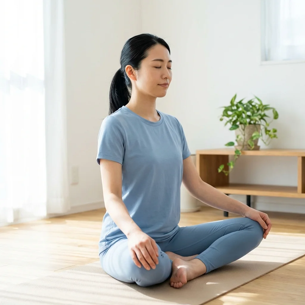 海辺で瞑想をする女性のシルエット