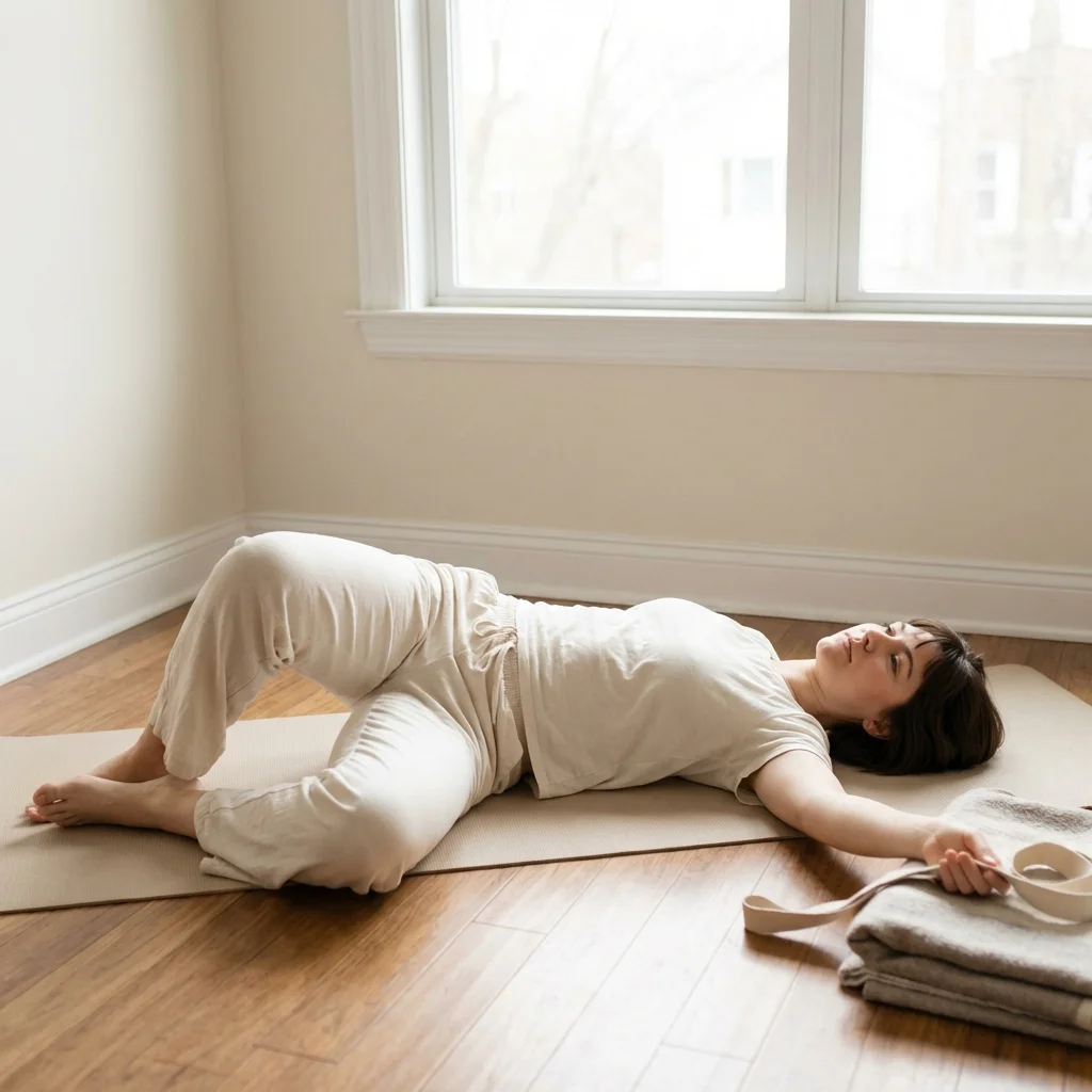 ヨガプロップスを手に取りクラスの準備をする女性