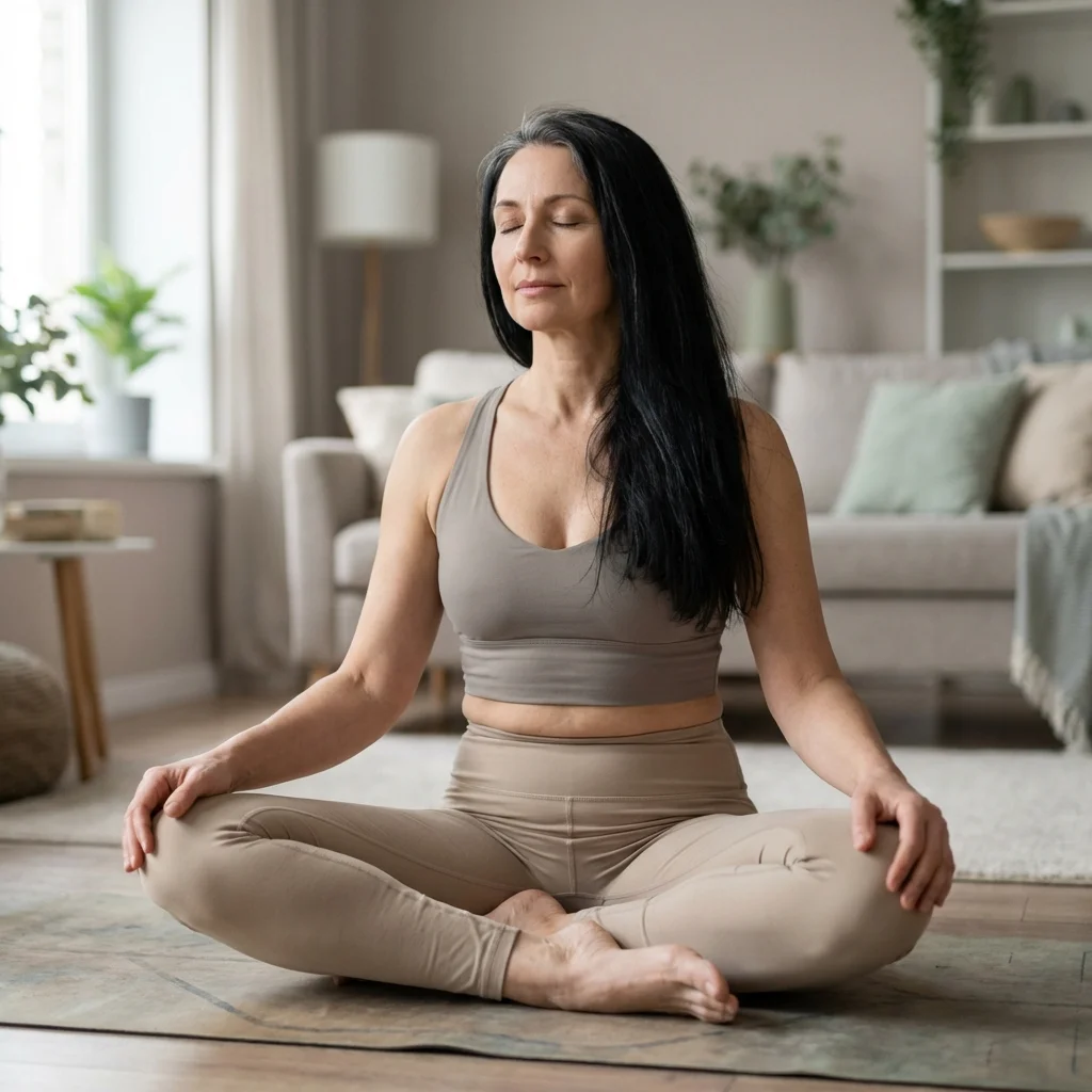 自宅のリビングでヨガのポーズを練習する女性