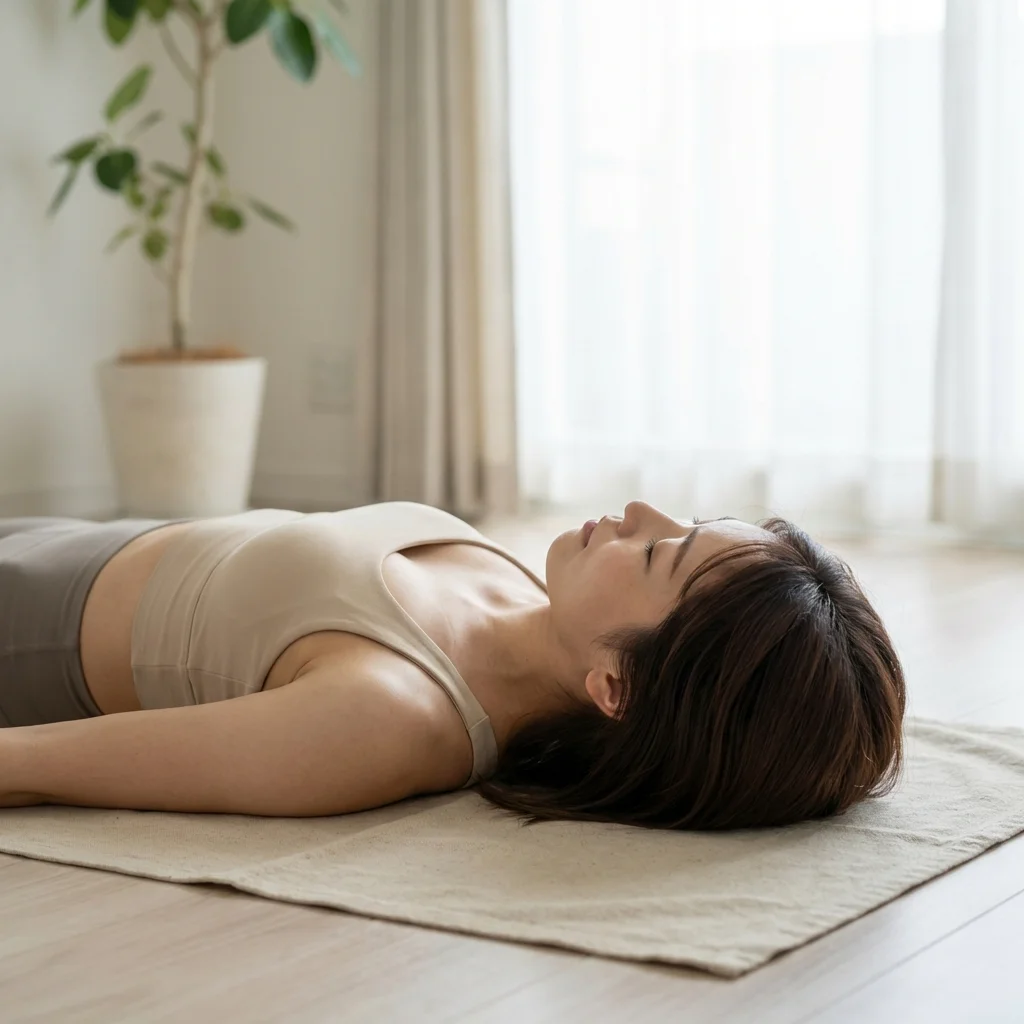 自宅のリビングでオンライン講義を見ながらヨガのアーサナを練習する女性