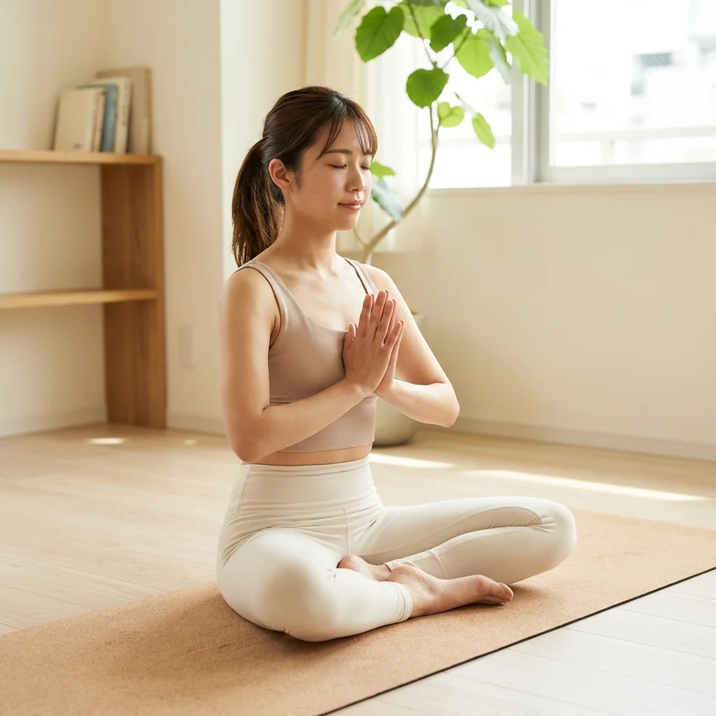 ヨガの学習テキストとマットがある自宅の学習スペース