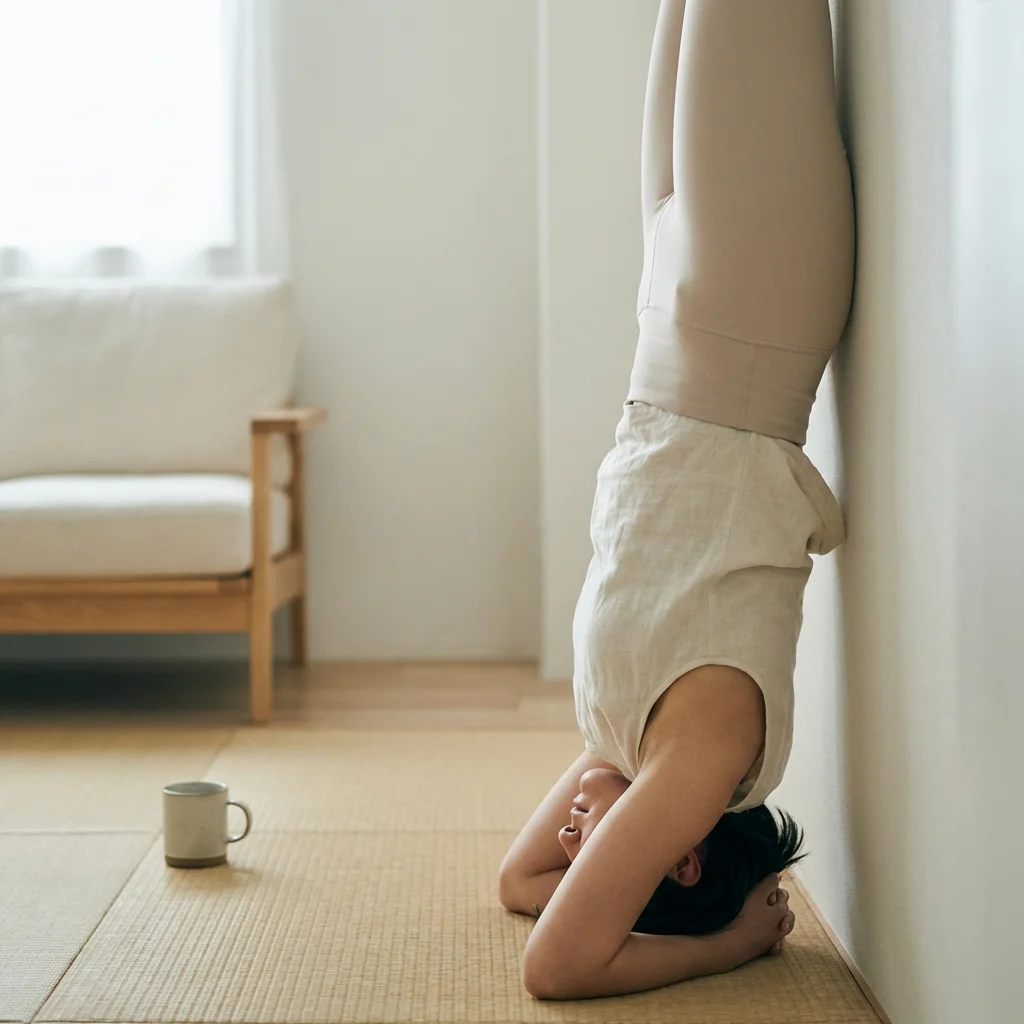 自宅のヨガマットでオンライン講義を見ながらアーサナを実践する女性