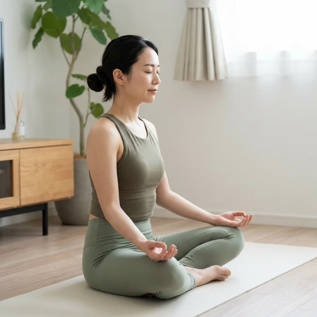ヨガマットの上で座位の姿勢をとり呼吸に意識を向ける初心者