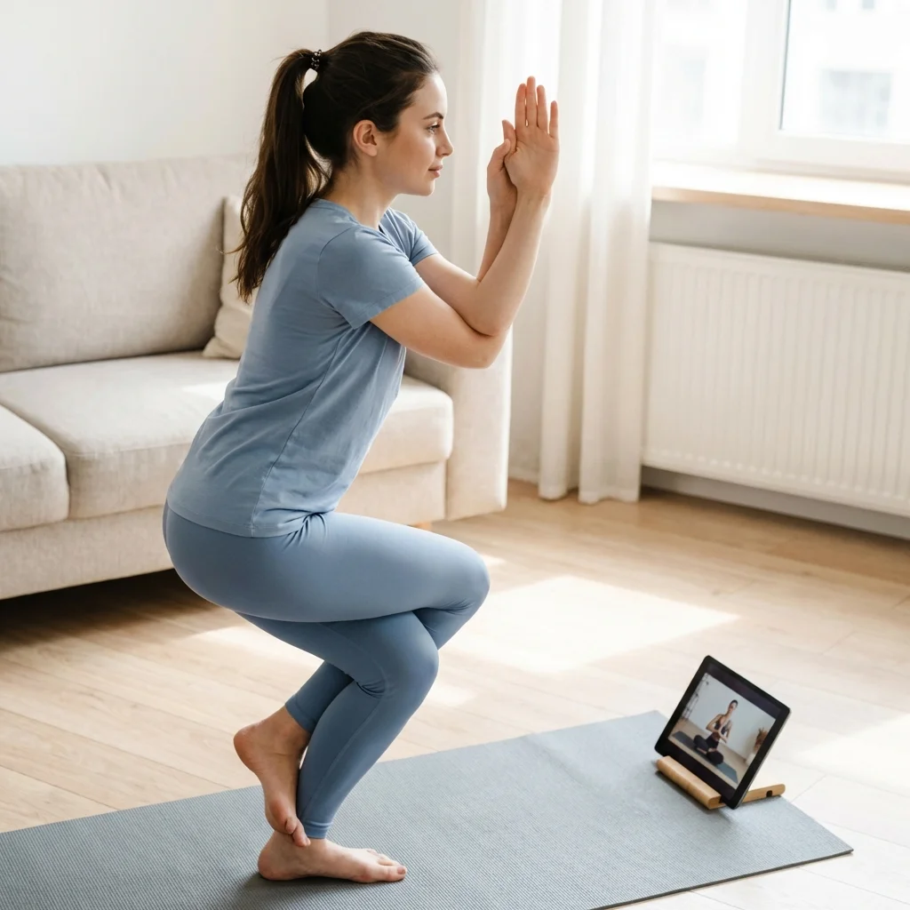 自宅のリビングでタブレットを見ながらヨガの練習をする女性