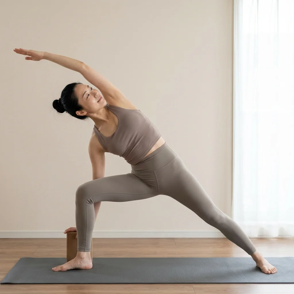 自宅でオンライン講義を受けながらヨガの実技を練習する女性