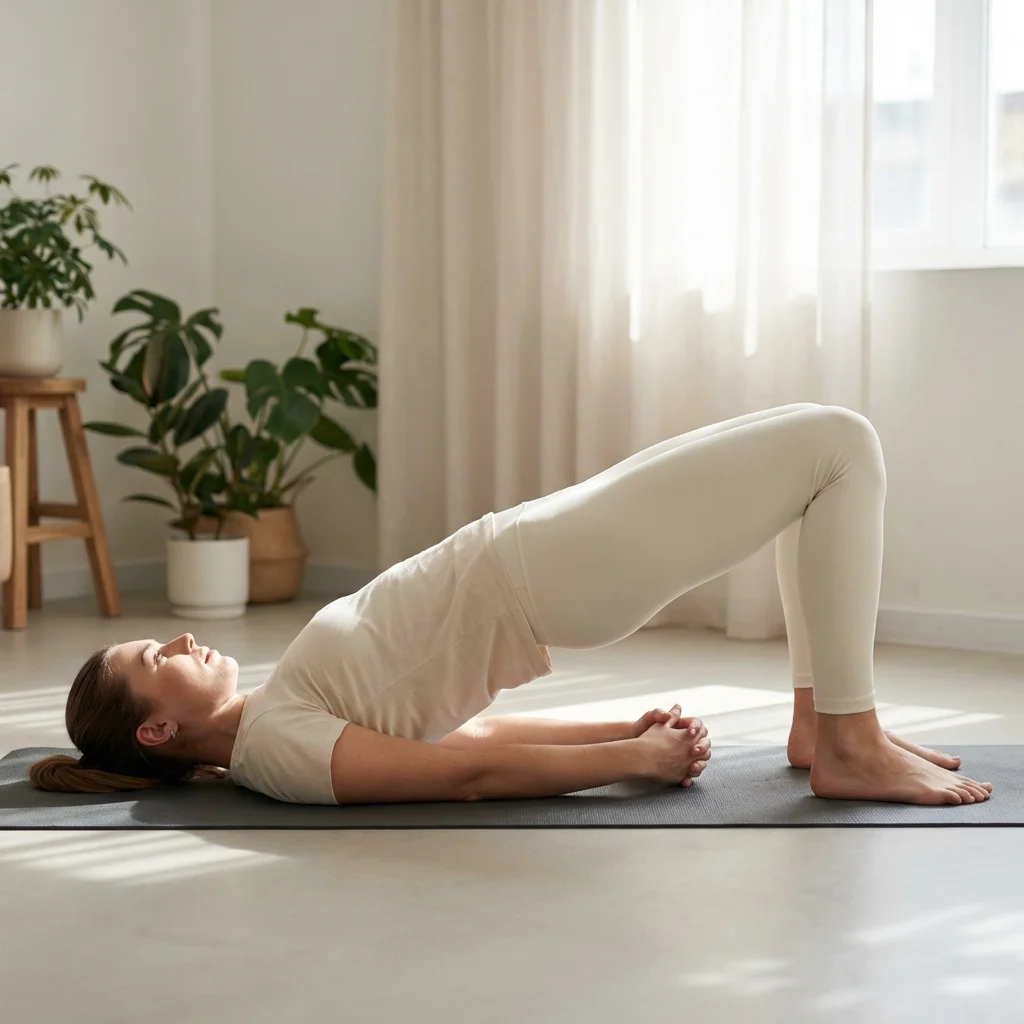 自宅でヨガのポーズを練習する女性のシルエット