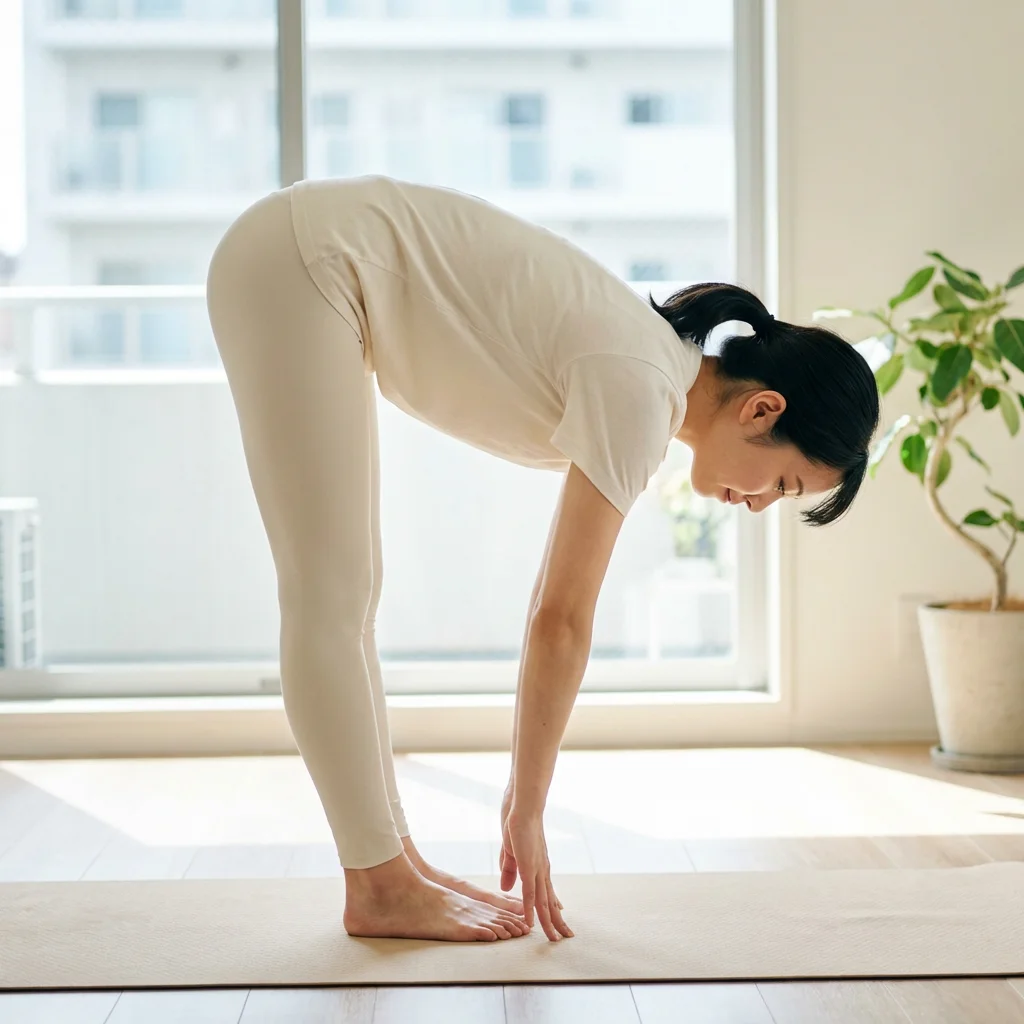 ヨガ資格の基礎知識を学ぶ女性が哲学書と解剖学テキストで勉強するイメージ