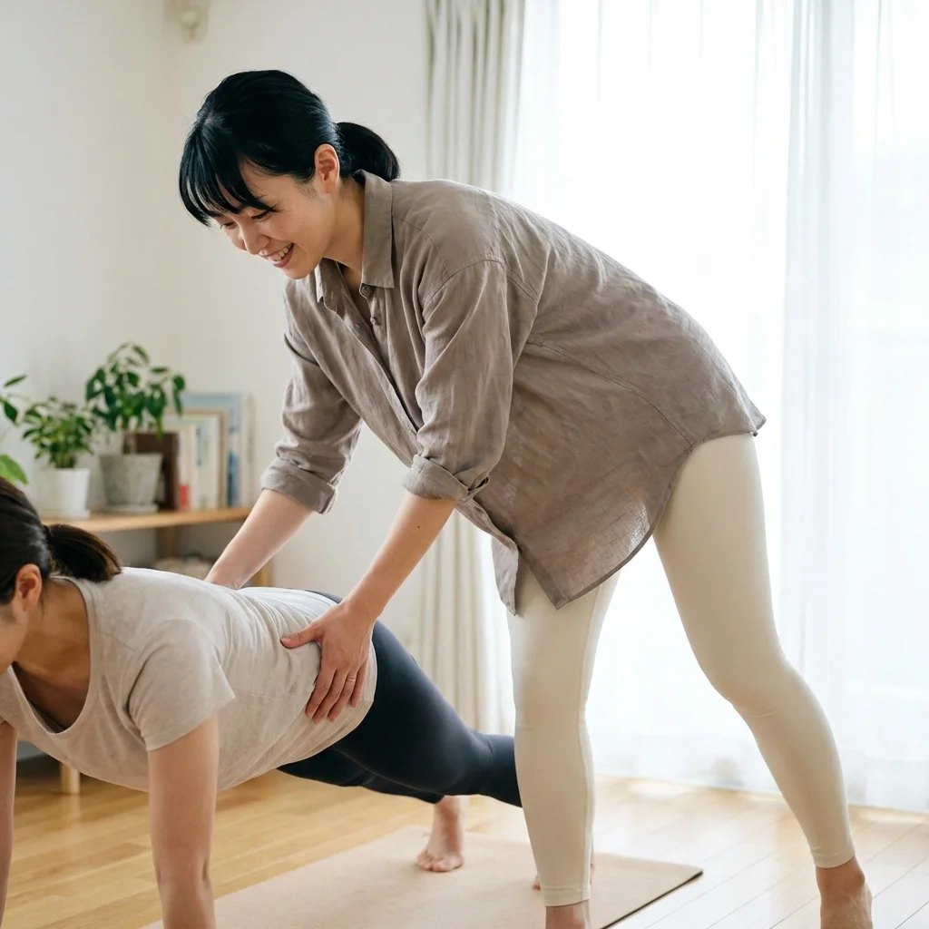 ヨガインストラクターがスタジオで生徒のポーズを丁寧に修正している指導の様子