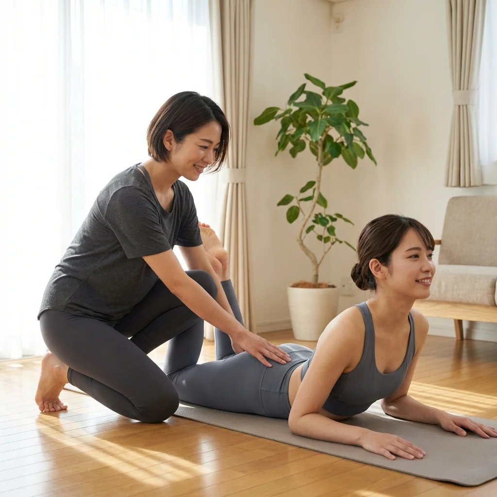 ヨガインストラクターが生徒に寄り添いながら指導している様子