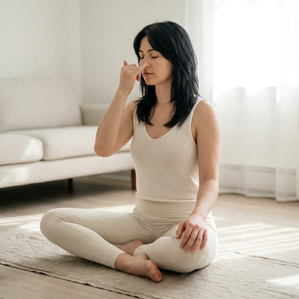 ヨガの呼吸法を実践しながら瞑想する女性
