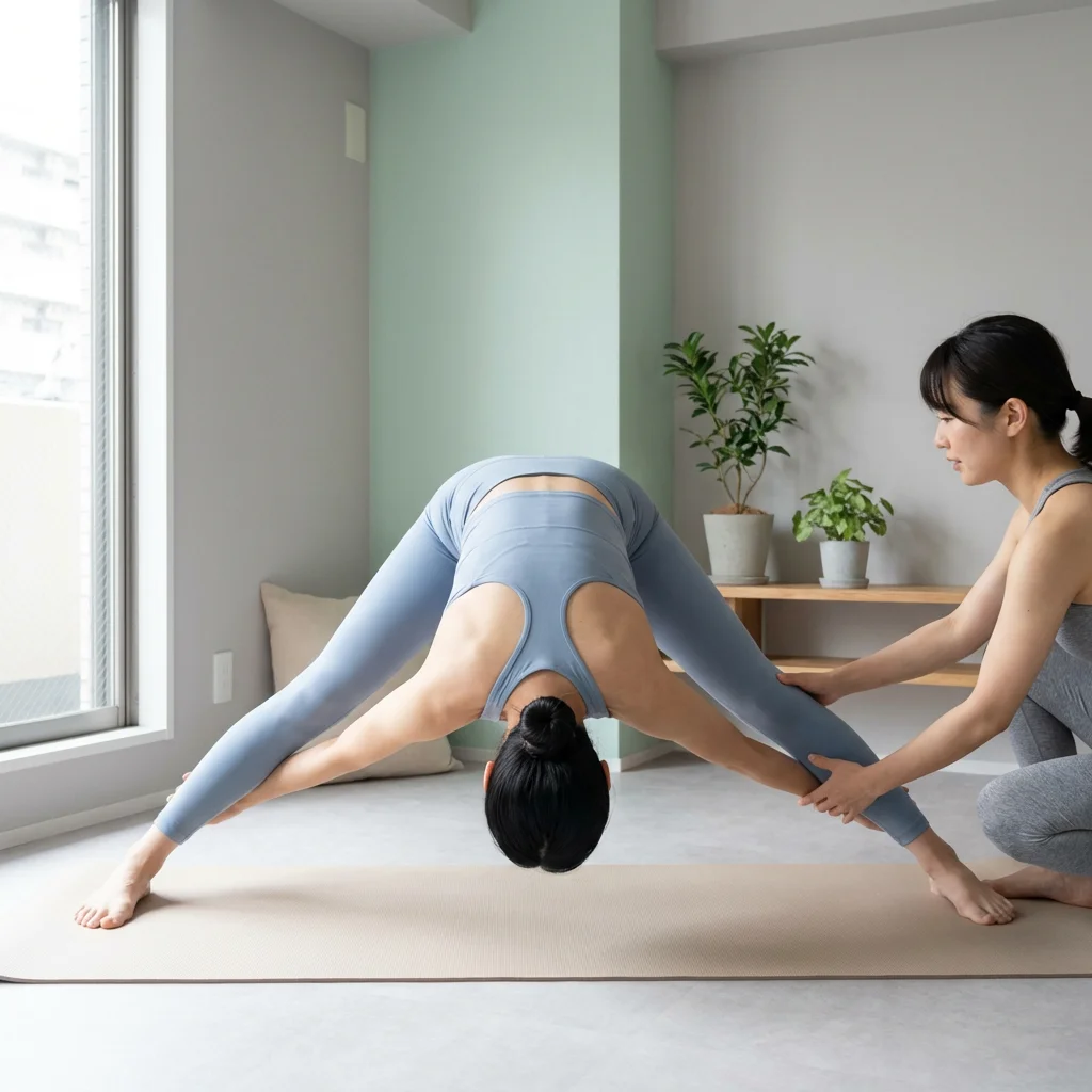 ヨガ講師が参加者に対面でポーズを指導している様子