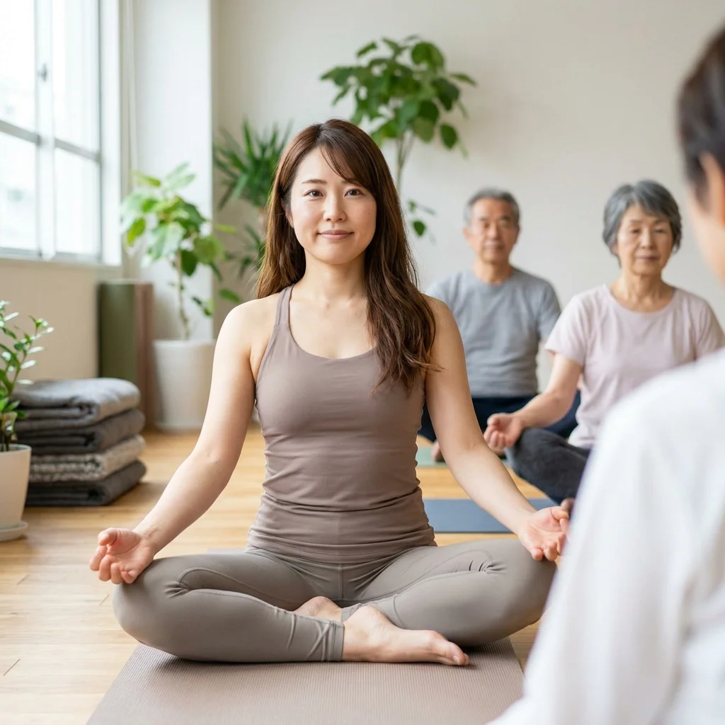 ヨガインストラクターがシニア向けのやさしいヨガクラスを指導している様子